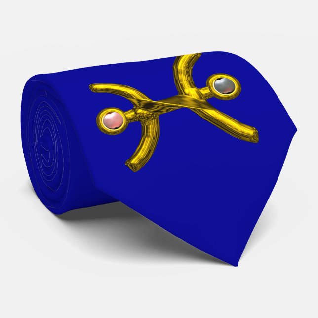PISCES Gold Zodiac Birthday Sign, Pearls,Blue Tie (Rolled)