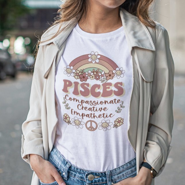 Pisces Groovy Retro Floral Rainbow T-Shirt (Creator Uploaded)