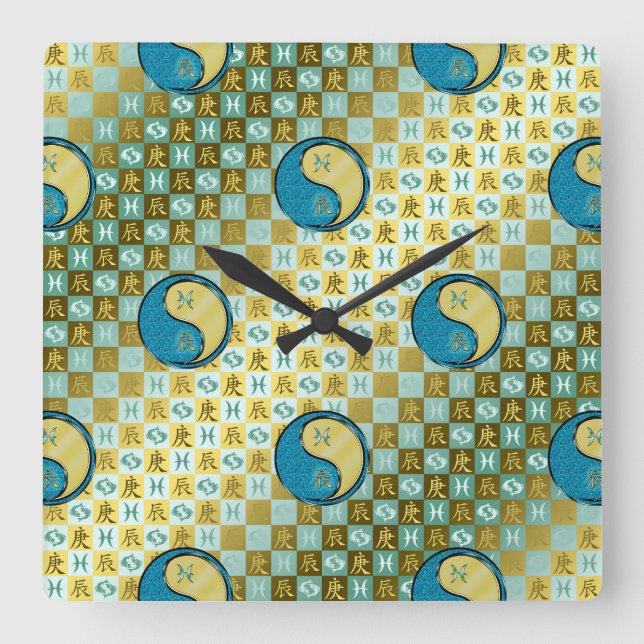 Pisces & Metal Dragon Square Wall Clock (Front)