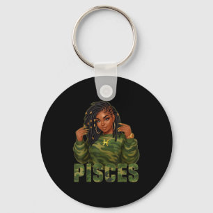Pisces Queen Locd Black Woman Camo Zodiac Sign Keychain