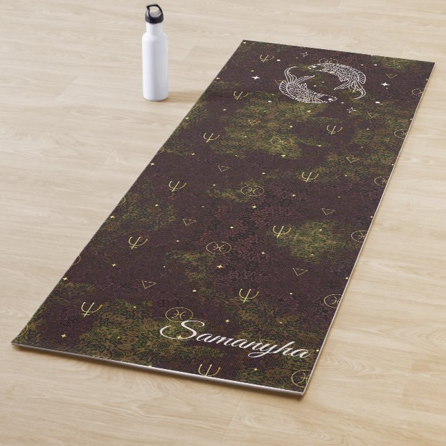 Pisces Sign Purple Gold Oriental Flower with Name Yoga Mat (In Situ)