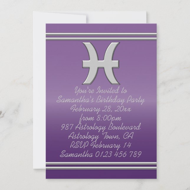 Pisces Symbol in Chrome on Amethyst Birthday Party Invitation (Front)