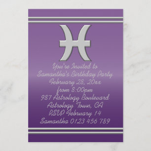Pisces Symbol in Chrome on Amethyst Birthday Party Invitation