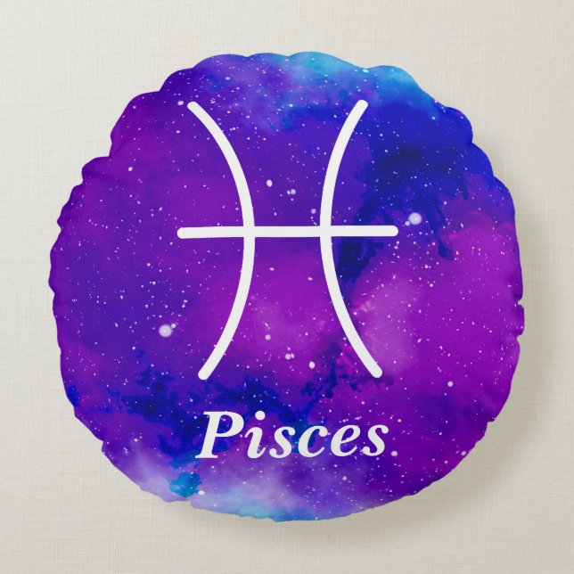 Pisces Symbol Purple Blue Space Nebula Round Pillow (Front)