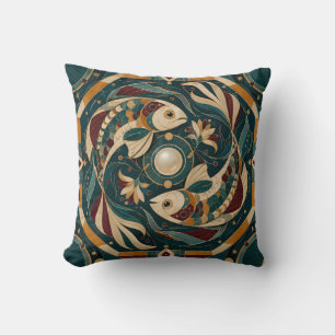 Pisces Teal Burgundy Geometric Mosaic Throw Pillow