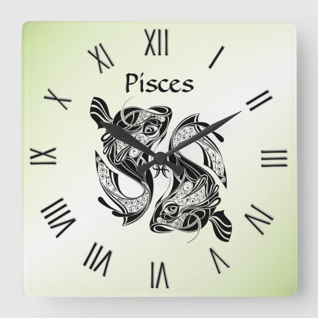 Pisces the Fish Zodiac Clock Green Roman Numerals (Front)