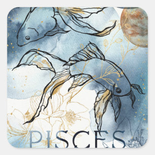 Pisces twin fish zodiac black gold flowers planets square sticker