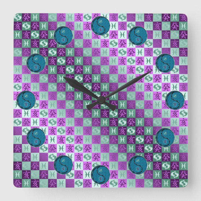 Pisces & Water Rooster Square Wall Clock (Front)