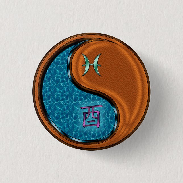 Pisces & Wood Rooster 1 Inch Round Button (Front)