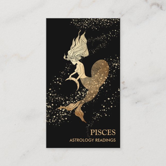 *~* PISCES Zodiac Astrology Reading Gold  Black Business Card (Front)