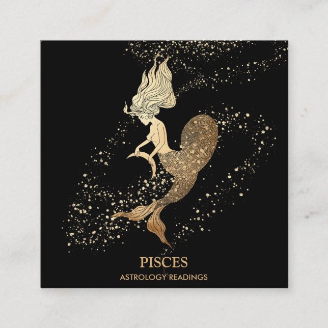 *~* PISCES Zodiac Astrology Readings  Black Gold Square Business Card (Front)