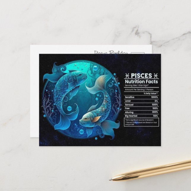 Pisces Zodiac Birthday Postcard (Front/Back In Situ)