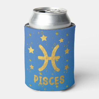 Pisces Zodiac Blue and Gold Can Cooler