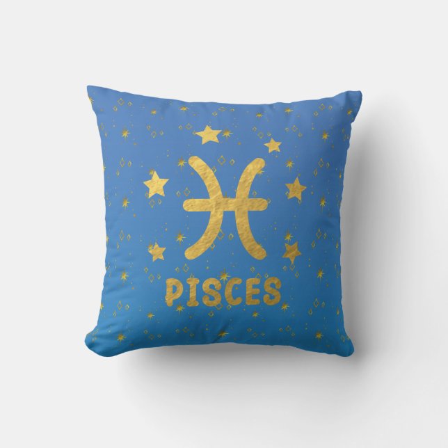 Pisces Zodiac Blue and Gold Throw Pillow (Front)