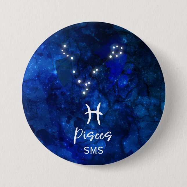 Pisces Zodiac Constellation Blue Galaxy Monogram 3 Inch Round Button (Front)