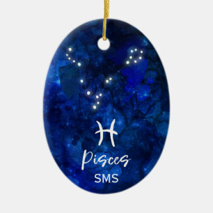 Pisces Zodiac Constellation Blue Galaxy Monogram Ceramic Ornament