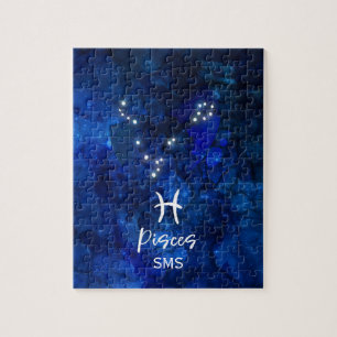 Pisces Zodiac Constellation Blue Galaxy Monogram Jigsaw Puzzle