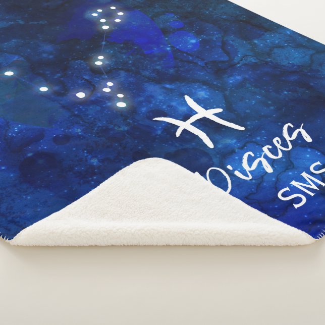 Pisces Zodiac Constellation Blue Galaxy Monogram Sherpa Blanket (3/4)