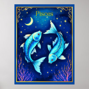 Pisces Zodiac Fish Swimming in Cosmic Waters Poster