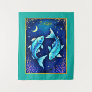 Pisces Zodiac Fish Swimming in Cosmic Waters Tapestry