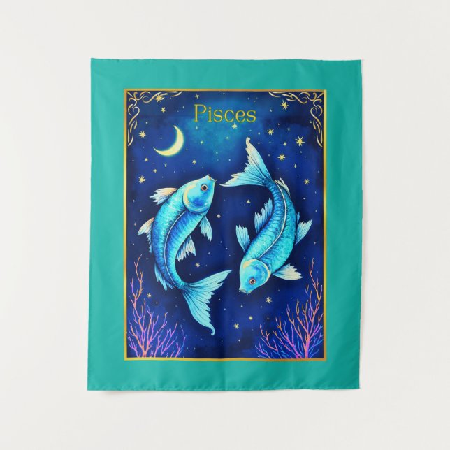 Pisces Zodiac Fish Swimming in Cosmic Waters Tapestry (Front)