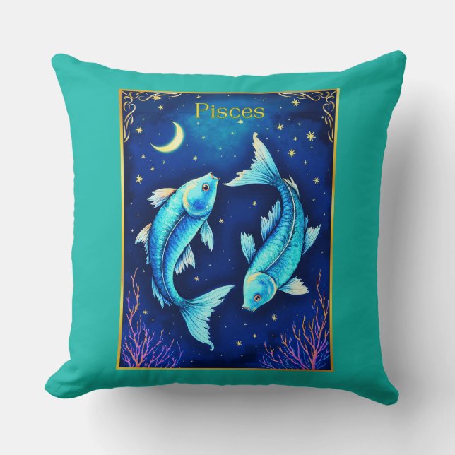 Pisces Zodiac Fish Swimming in Cosmic Waters Throw Pillow (Front)