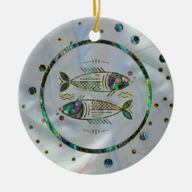 Pisces Zodiac Gold Abalone on Constellation Ceramic Ornament (Front)