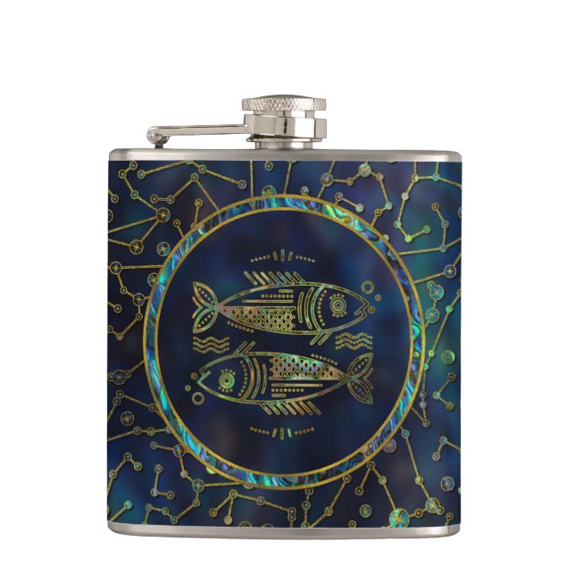 Pisces Zodiac Gold Abalone on Constellation  Hip Flask (Front)