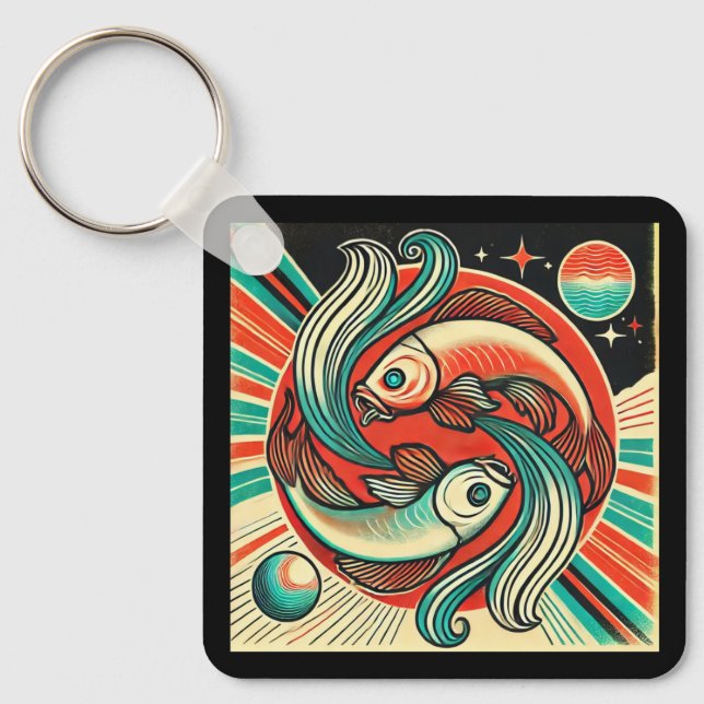 Pisces Zodiac Metal Keychain Retro Design (Front)