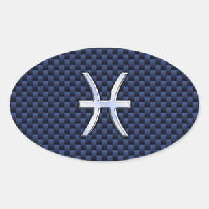 Pisces Zodiac on Blue Carbon Fiber Print Oval Sticker