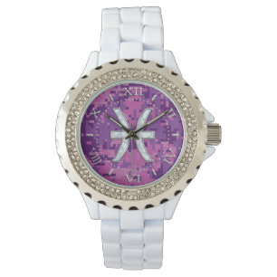 Pisces Zodiac on Fuchsia Pink Camouflage Dial Watch