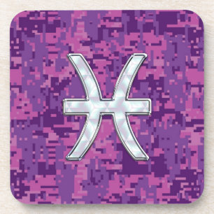 Pisces Zodiac on Fuchsia Pink Digital Camouflage Coaster
