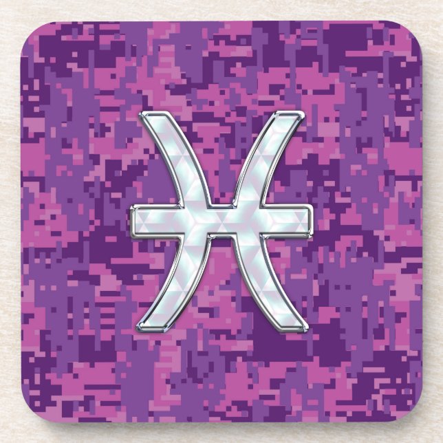 Pisces Zodiac on Fuchsia Pink Digital Camouflage Coaster (Front)