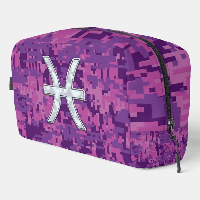 Pisces Zodiac on Fuchsia Pink Digital Camouflage Dopp Kit (Right Corner)