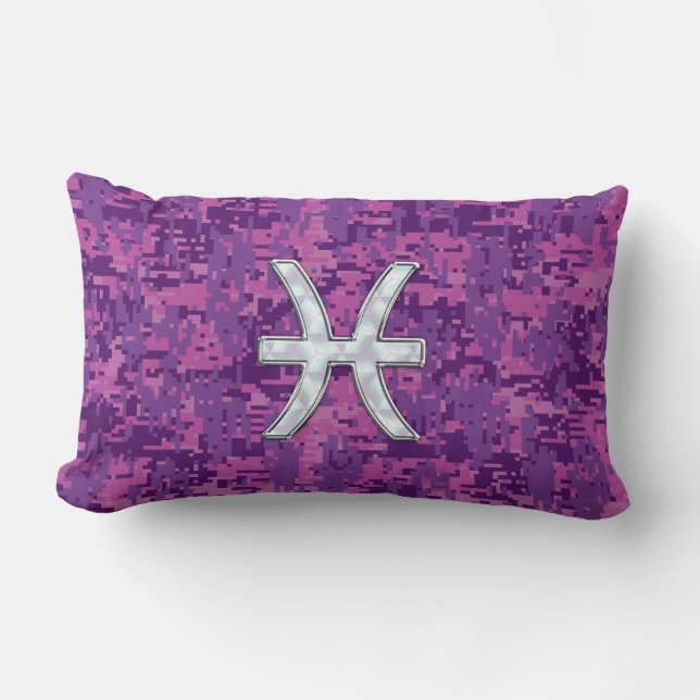 Pisces Zodiac on Fuchsia Pink Digital Camouflage Lumbar Pillow (Front)