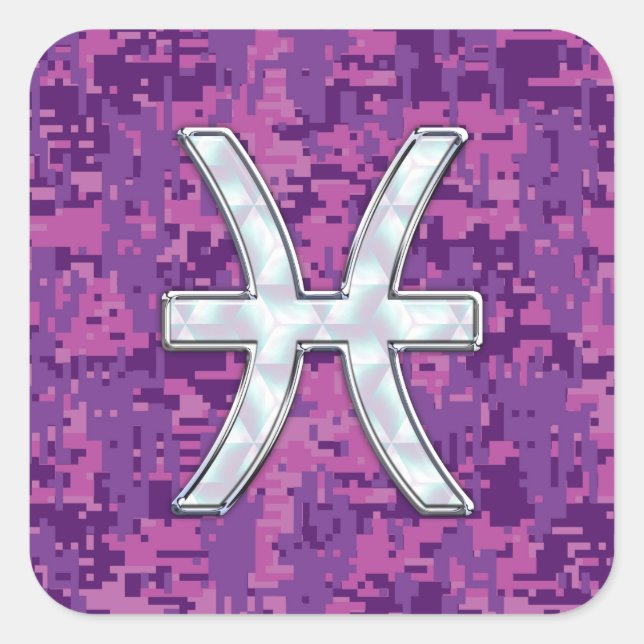 Pisces Zodiac on Fuchsia Pink Digital Camouflage Square Sticker (Front)