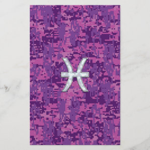 Pisces Zodiac on Fuchsia Pink Digital Camouflage Stationery