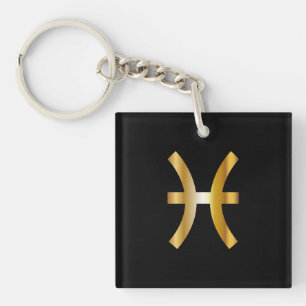 Pisces Zodiac Sign, Black & Gold Keychain