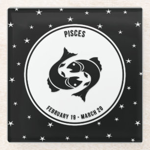 Pisces Zodiac Sign, Black & White Glass Coaster