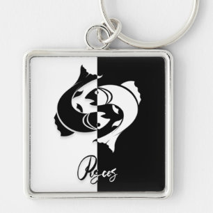 Pisces Zodiac Sign, Black & White Keychain
