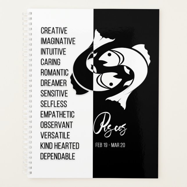 Pisces Zodiac Sign, Black & White Planner (Front)