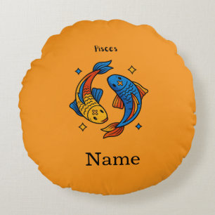 Pisces Zodiac Sign Cartoon Fish Illustration Round Pillow