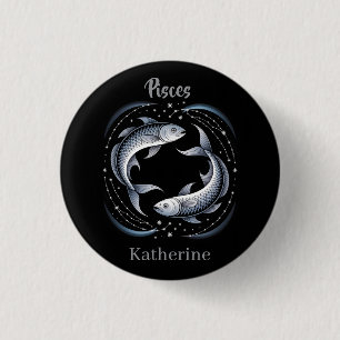 Pisces Zodiac Sign Illustration with Custom Name 1 Inch Round Button
