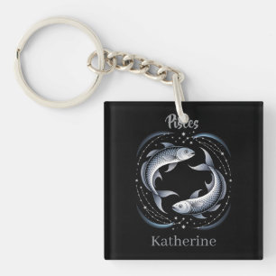 Pisces Zodiac Sign Illustration with Custom Name Keychain