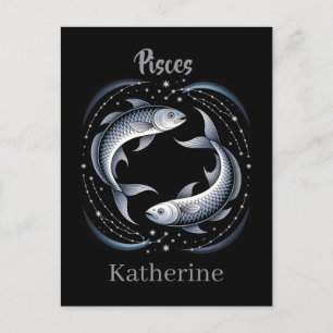 Pisces Zodiac Sign Illustration with Custom Name Postcard