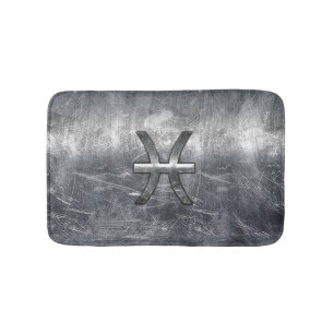 Pisces Zodiac Sign in Grunge Silver Steel Style Bath Mat