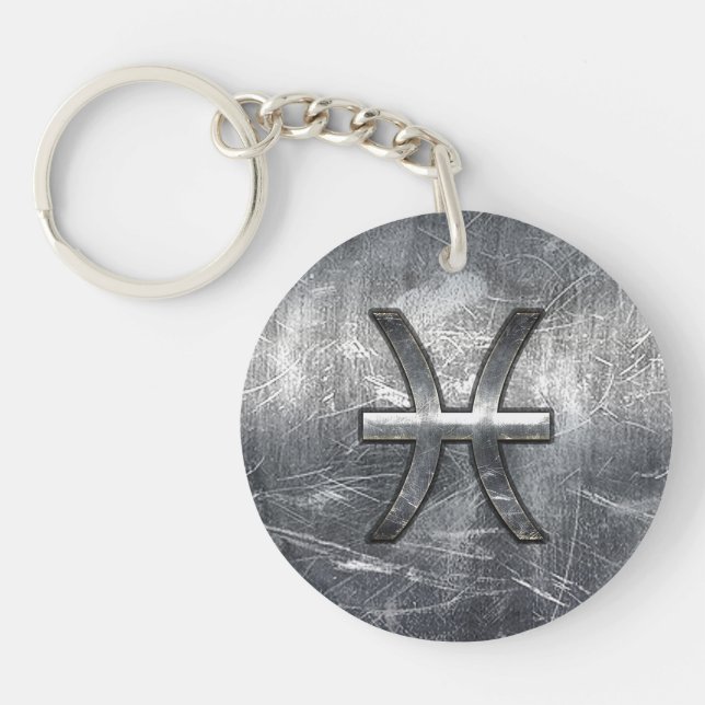 Pisces Zodiac Sign in grunge steel style decor Keychain (Front)