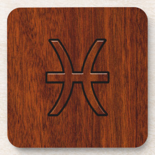 Pisces Zodiac Sign in Mahogany wood style Coaster