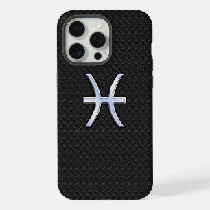 Pisces Zodiac Sign on Black Snake Skin Decor iPhone 15 Pro Max Case