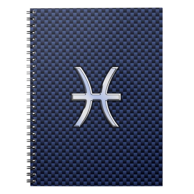 Pisces Zodiac Sign on Blue Carbon Fibre Print Notebook (Front)